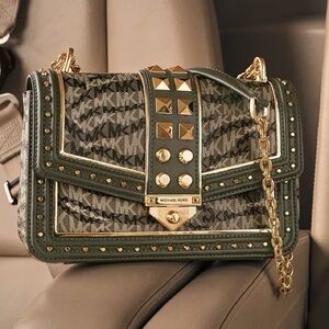 Michael KORS Soho Studded Animal Print Frameout Gold Chain Olive Crossbody Bag